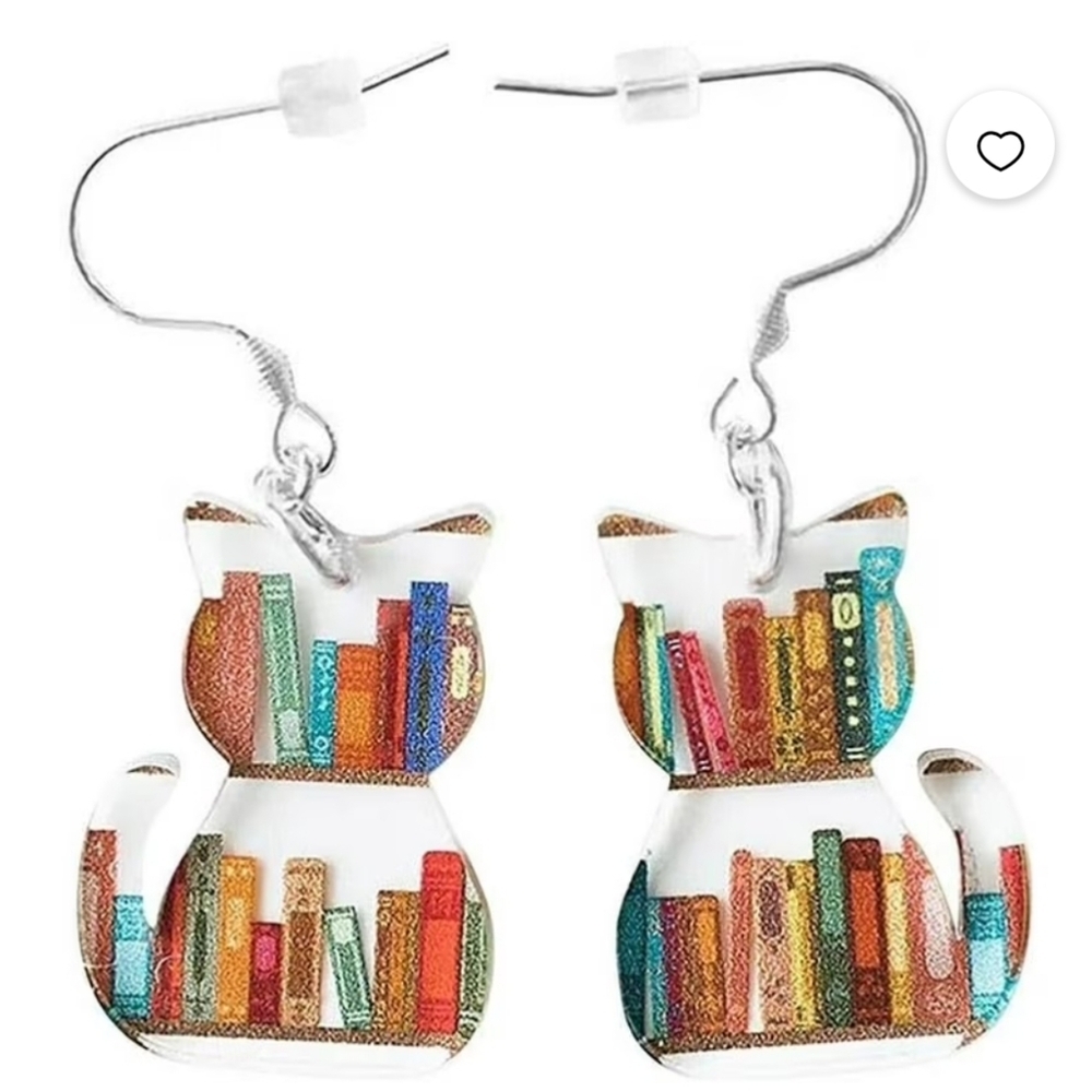 Cat Shaped Bookshelf Dangle Earrings Lightweight Colorful Statement Jewelry NEW